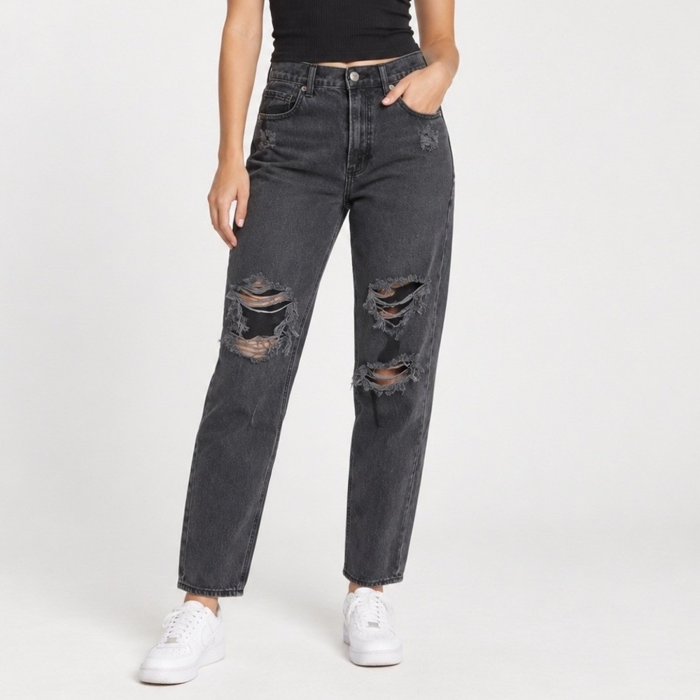 American Eagle Black Mom Jeans Women 6 High Rise Distressed Ripped 90s Grunge